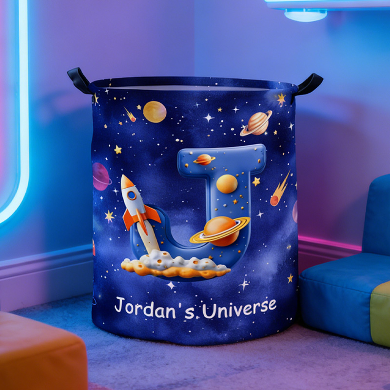 Personalized Space Planet Universe Nebula Star Waterproof Laundry Basket with Handle Initial and Text Birthday Boys Gift for Geek Lovers