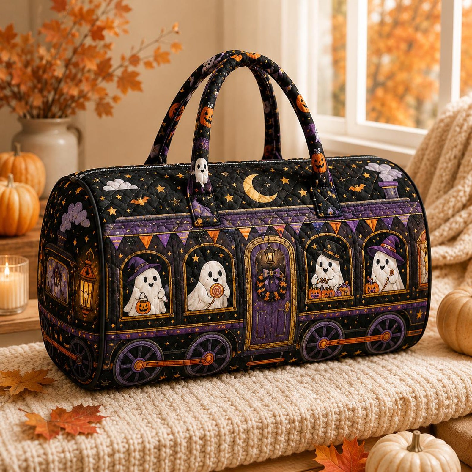 Ghoul Getaway Halloween Duffel Bag Spooky Ghost Travel Bag Haunted Road Trip Weekender Bag Quilted Halloween Overnight Bag
