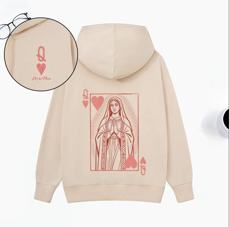 Personalized Virgin Mary Classic Queen of Hearts Hoodies with Custom Name Funny Valentines Day Sweatshirt Valentine Day Gift for Her