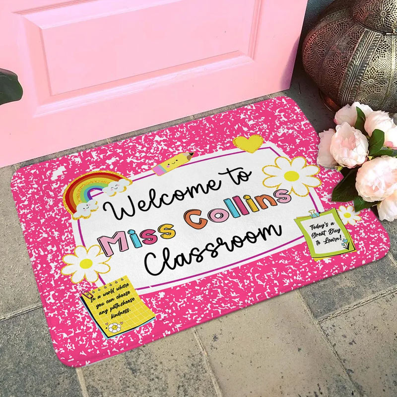 Personalized Multicolor Pencil Rainbow Welcome to Classroom Non-Slip Doormat with Text Teacher's Day Back to School Gift for Teacher
