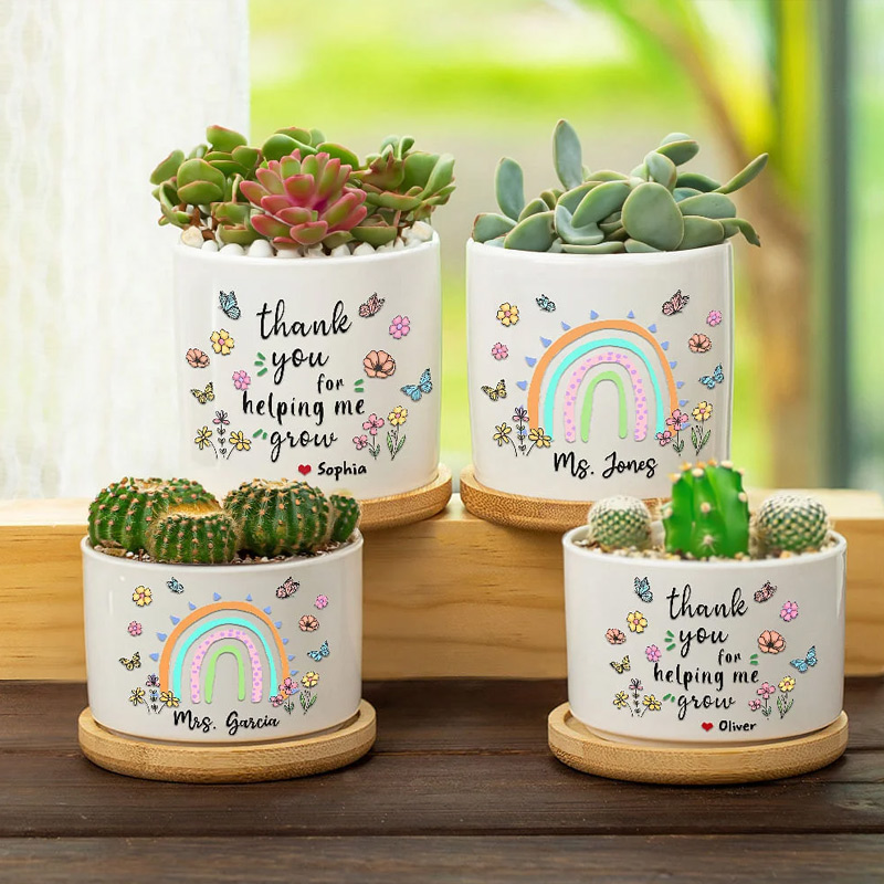 Personalized Thank You for Helping Me Grow Rainbow Butterflies Ceramic Plant Pot with Bamboo Base and Name Appreciation Gift for Teacher