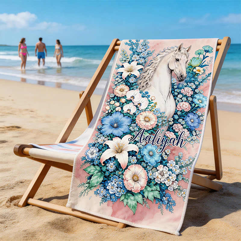 Personalized Beach Towel White Horse and Flowers Beach Towel with Name Gift for Equestrian Lovers
