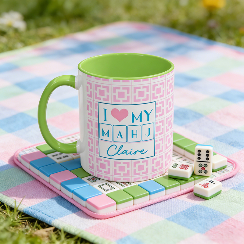 Personalized Mahjong Mug I Love My Mahj Pink & Green Mug Gift for Mahjong Enthusiast