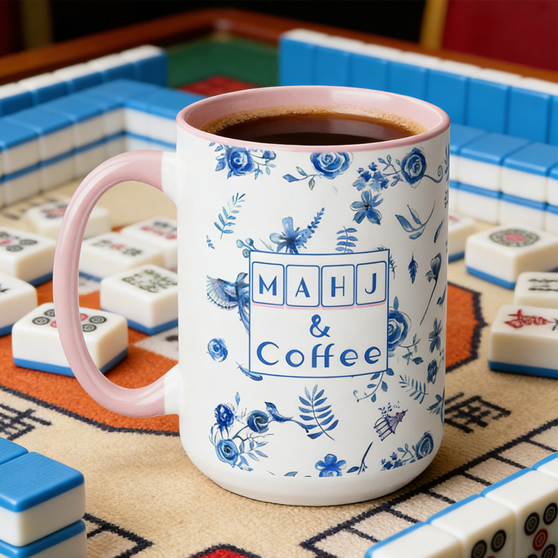 15 oz Mahjong Mug Blue and White Porcelain with Floral and Bird Motifs Gift for Mahjong Enthusiasts