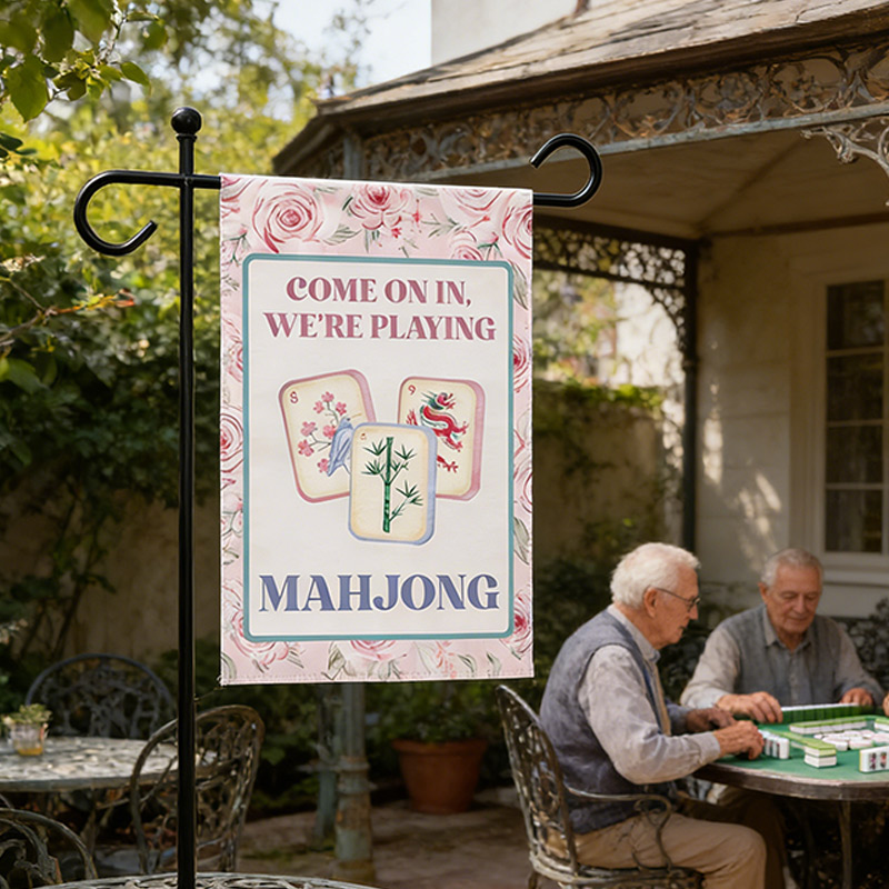 Mahjong Garden Flags Pink Rose Courtyard Decor Mahjong Parties and Gifts for Mahjong Enthusiasts