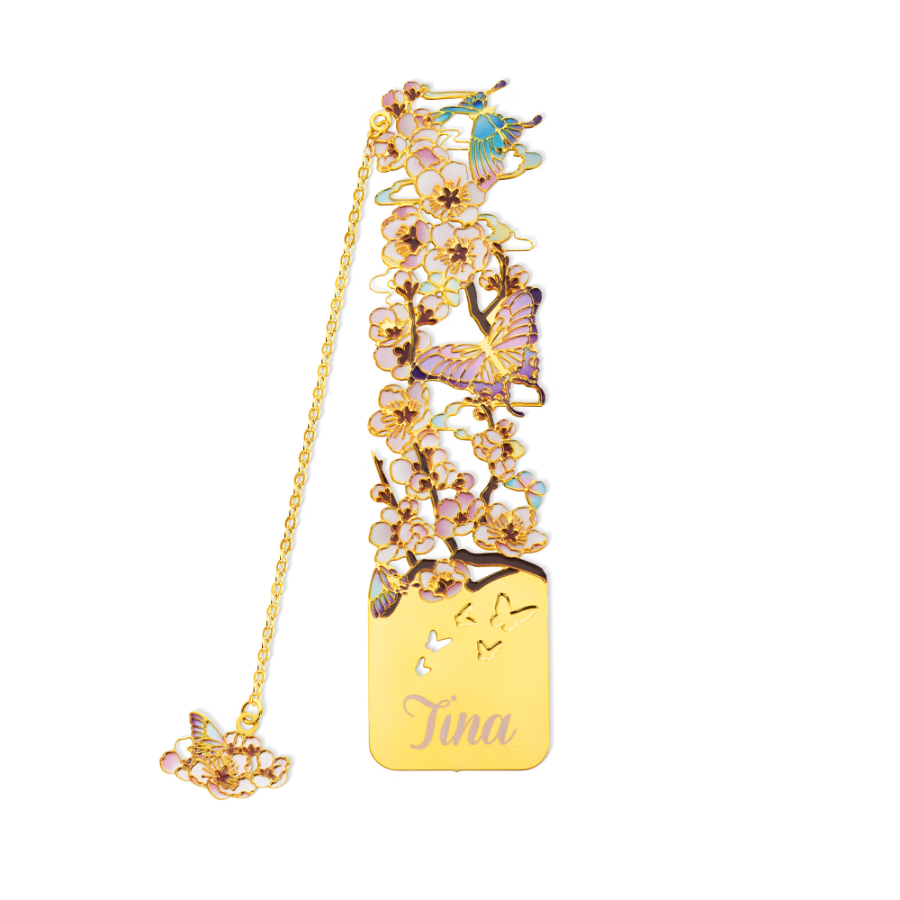 Personalized Birth Flower Butterfly Gold Metal Bookmark with Text and Decorative Chain Daily Use Birthday Gift for Women Book Lovers