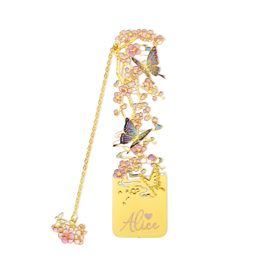 Personalized Birth Flower Butterfly Gold Metal Bookmark with Text and Decorative Chain Daily Use Birthday Gift for Women Book Lovers