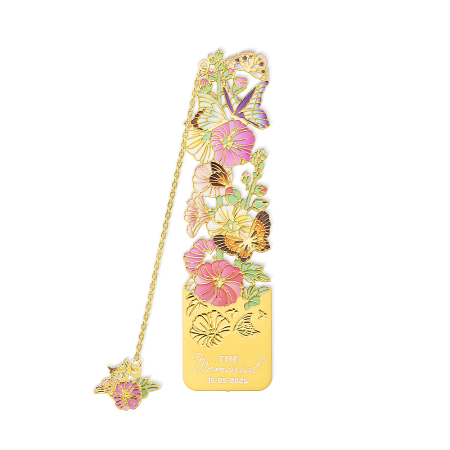 Personalized Birth Flower Butterfly Gold Metal Bookmark with Text and Decorative Chain Daily Use Birthday Gift for Women Book Lovers