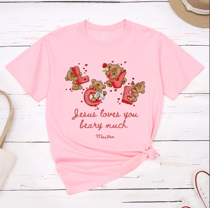 Personalized Jesus Loves you Beary Much Retro Bear Heart Valentine Classic T-Shirt with Name Christian Shirt Religious Gift Valentine's Day Gift for Her