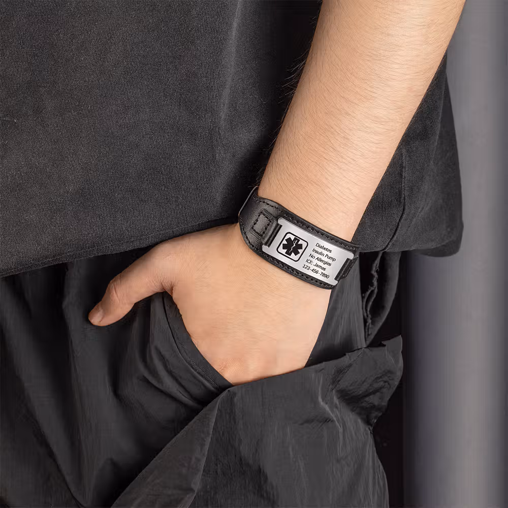 Personalized Adjustable Leather Emergency Medical Alert Bracelet with Engraved Text Gift for Man or Woman