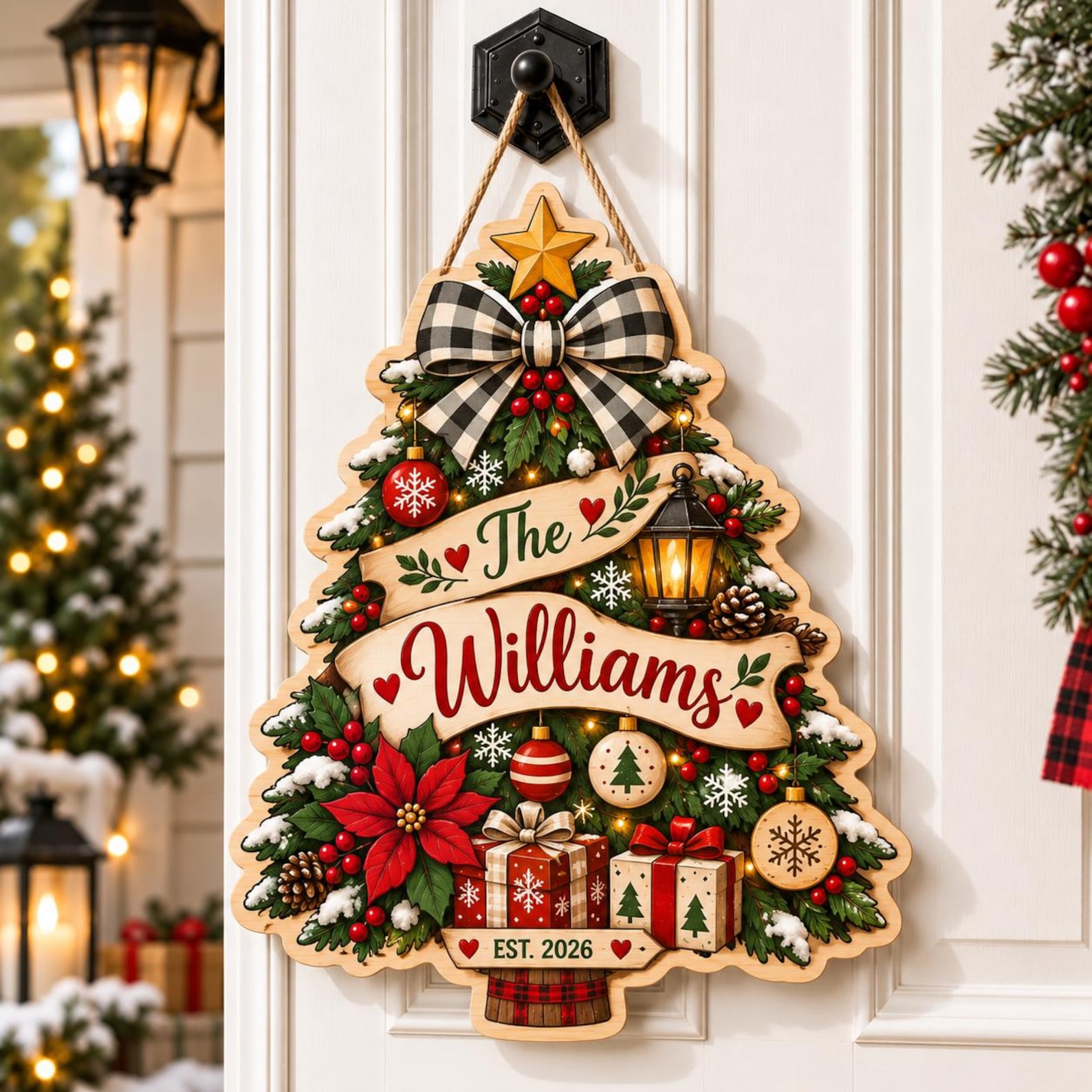 Personalized Christmas Tree Door Hanger, Custom Family Name Door Sign, Farmhouse Holiday Front Door Decor, Family Christmas Gift