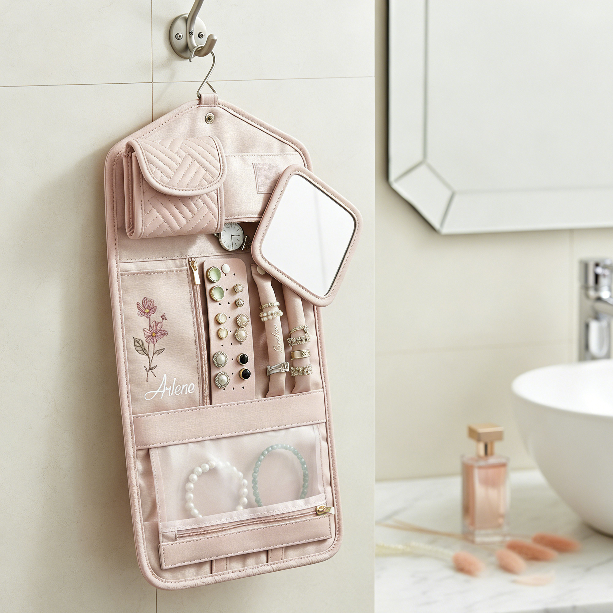 Personalized Jewelry Travel Organizer with Birth Flower and Name Foldable Modular Jewelry Case for Women Custom Gift for Traveler