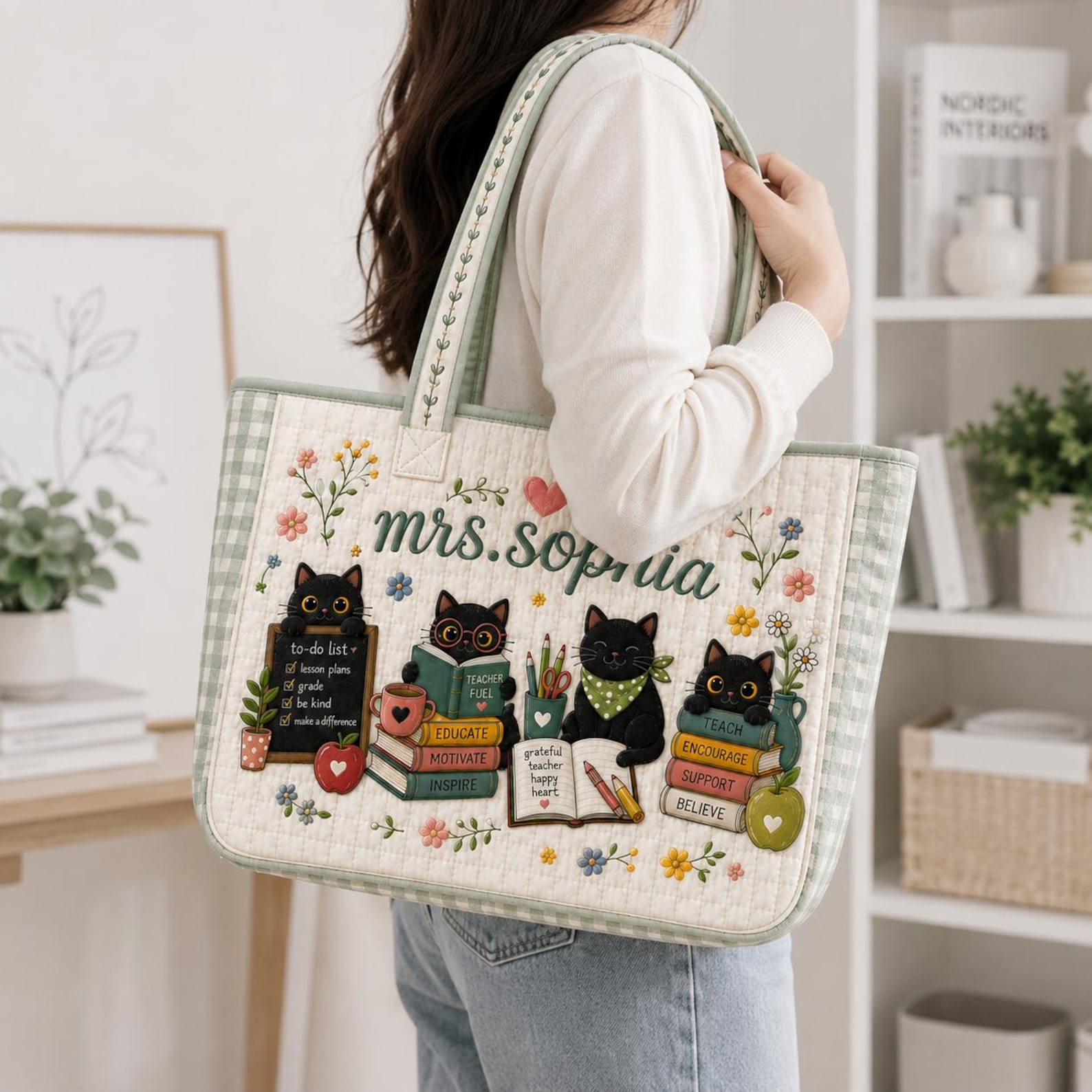 Personalized Teacher Quilted Tote Bag Gift Black Cats Custom Name Bag Back to School Gift for Teacher