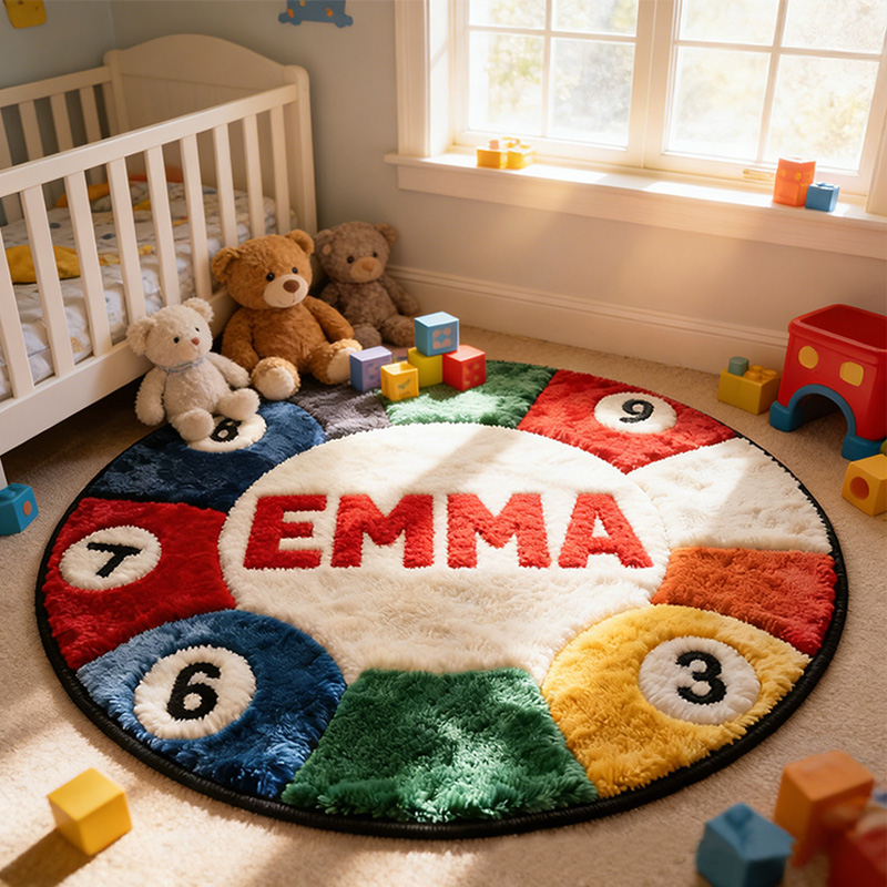 Personalized Pool Ball Rug with Custom Name and Vibrant Colors for Billiard Fans