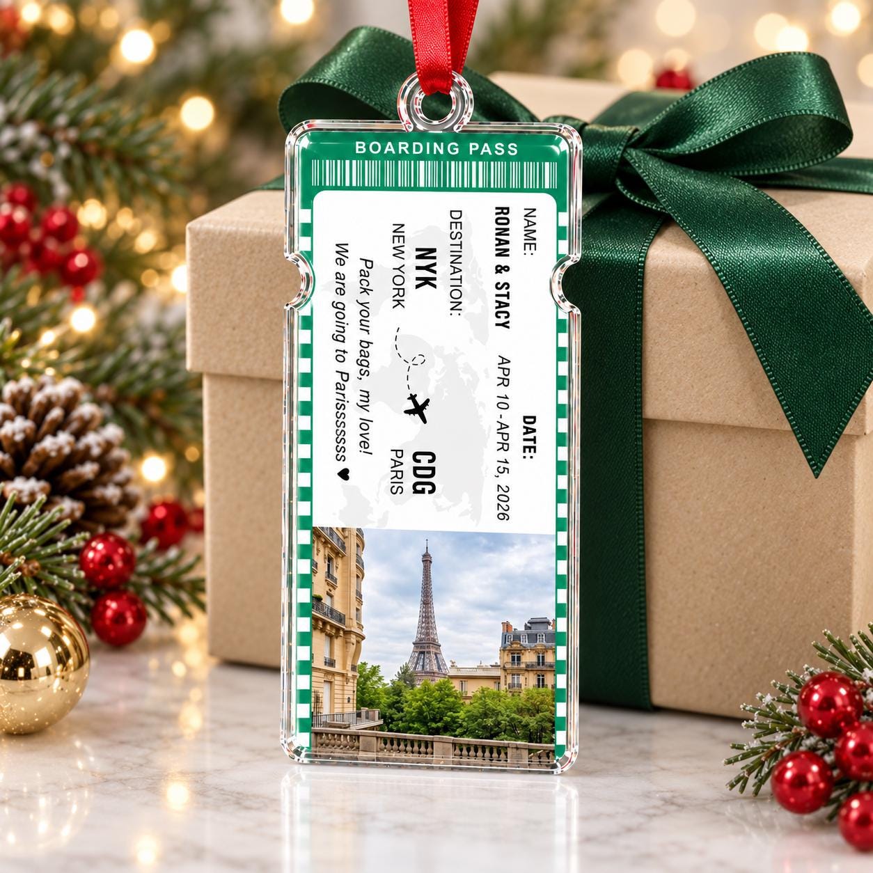 Personalized Photo Keepsake Travel Ticket Ornament, Personalized Travel Adventure Ornament, Travel Ticket Christmas Gift, Couple Vacation Keepsake