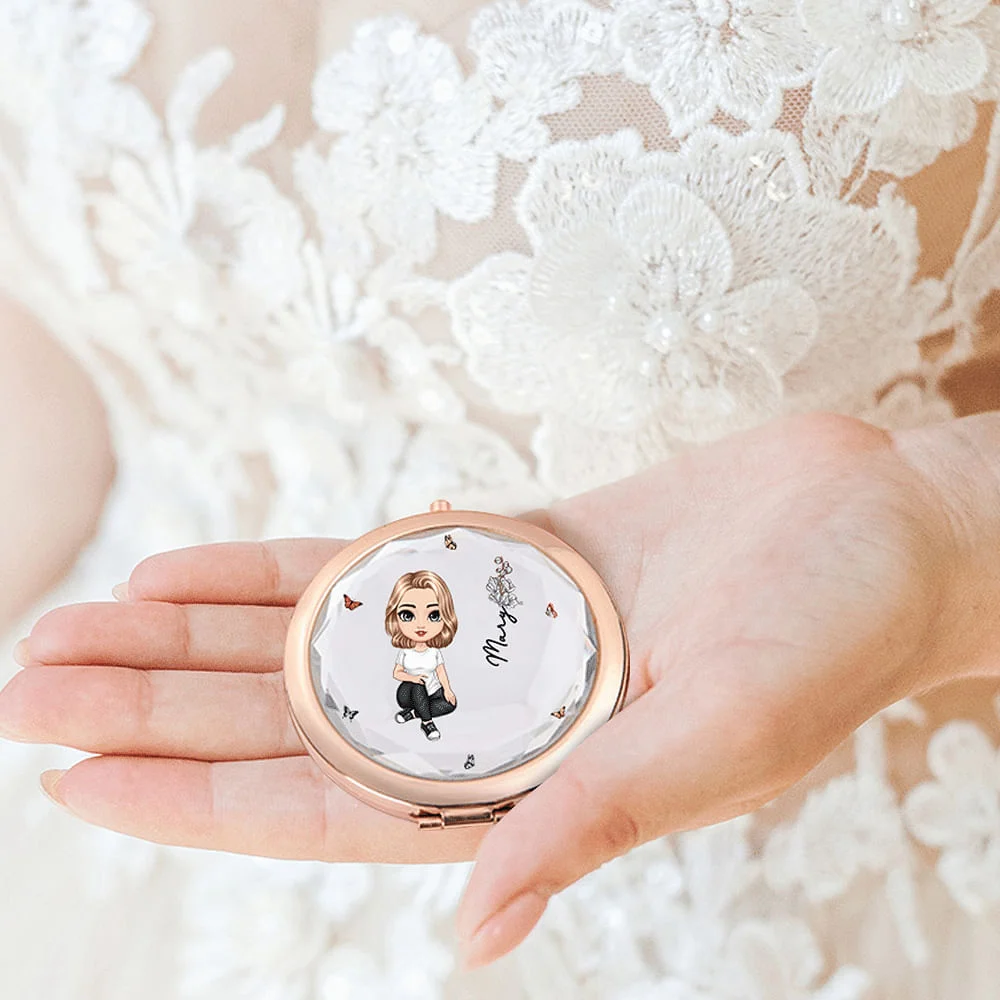 Personalized Cartoon Character Compact  Bridesmaid Pocket Makeup Mirror with Birth Flower and Name Birthday Bridesmaid Gift for Her