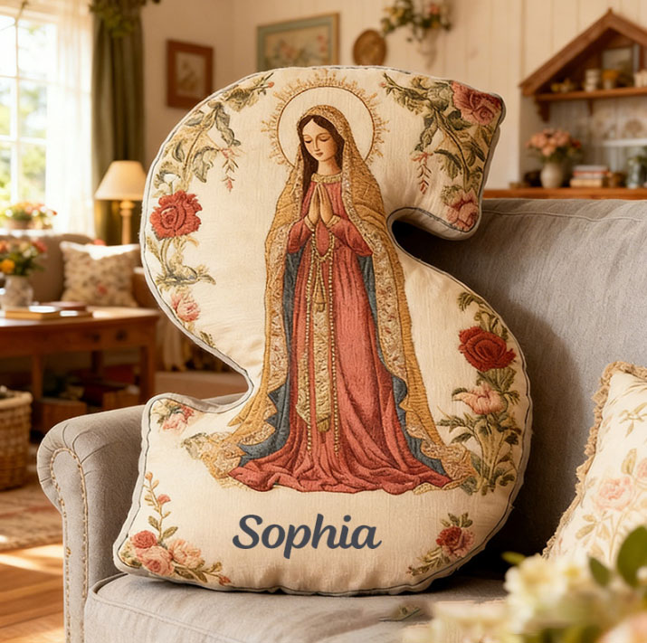 Personalized Our Lady of Guadalupe Rose Floral Graphic 3D Print Letter Pillow with Custom Name Religious Home Decor Catholic Gift for Women