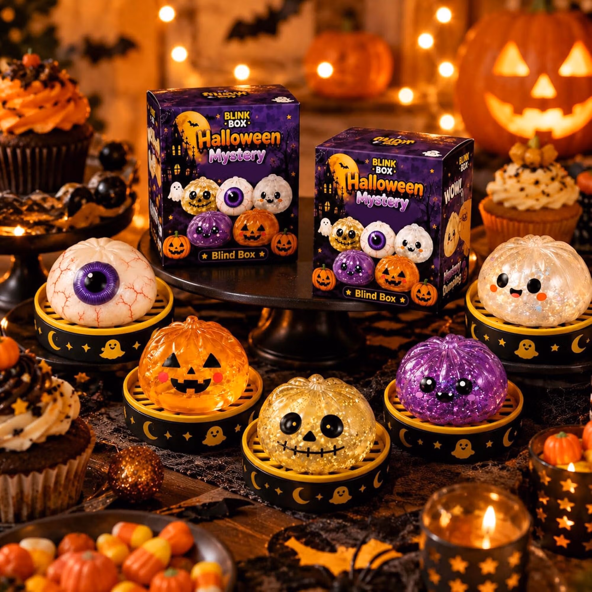 Halloween Mystery Glitter Dumpling Squishy Box Set Ghost Pumpkin Eyeball Design Soft Stress Relief Fidget Toy Party Favor Gift