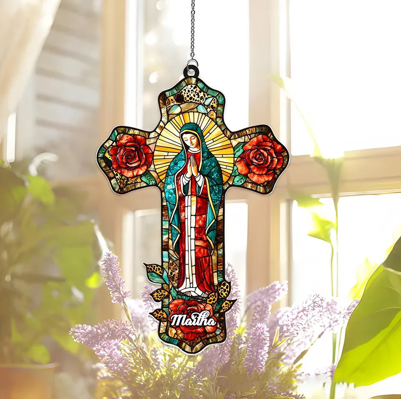 Personalized Lady of Guadalupe Cross Suncatcher with Custom Name Religious Virgin Mary Window Decor Mother of God Catholic Gift for Her
