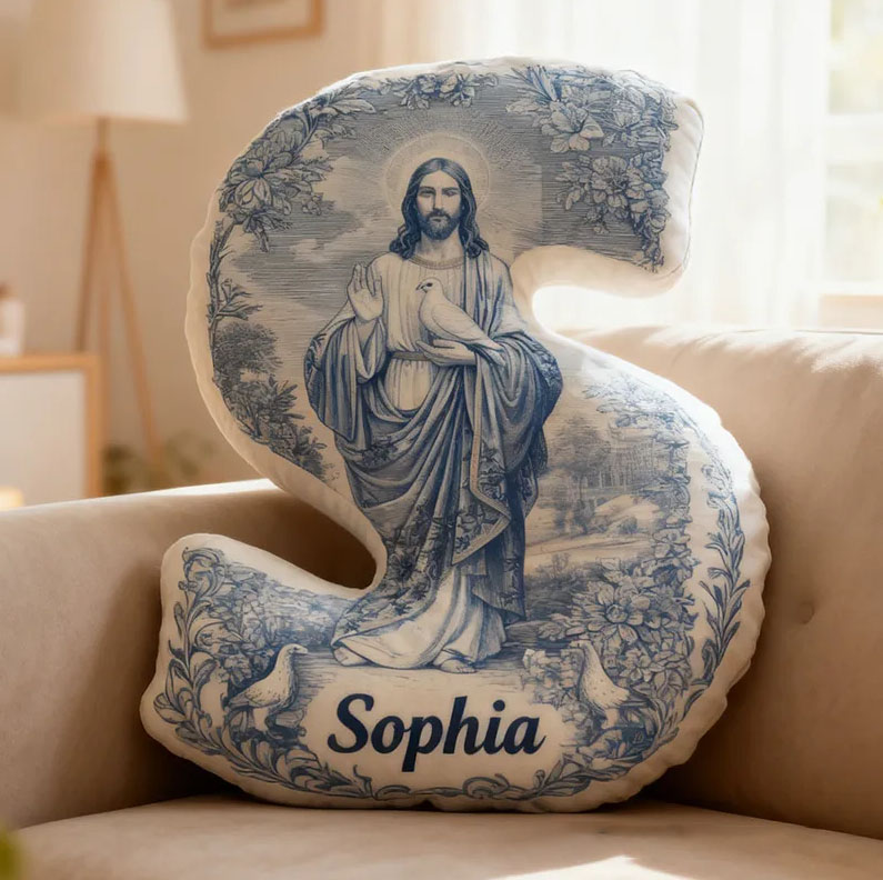 Personalized Jesus Floral Letter Pillow with Custom Name Religious Home Decor Christian Gift Faith Prayer Gift Graphic 3D Print Pillow 