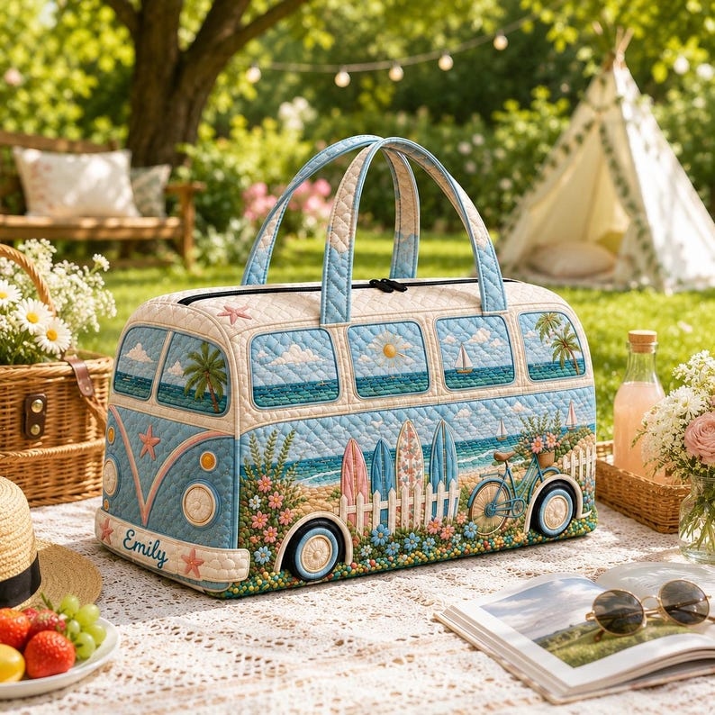 Personalized Quilted Camper Duffel Bag Retro Beach Travel Weekender Tote