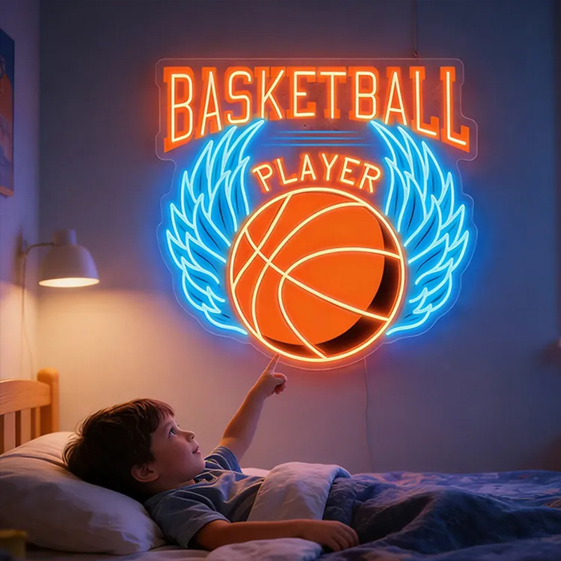Personalized LED Basketball Neon Sign with Winged Ball Design for Basketball Lovers Teenage Boy Gifts