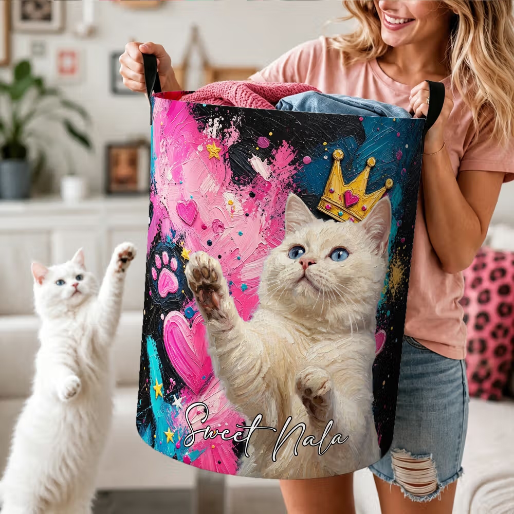 Personalized Pet Portrait Collapsible Laundry Hamper, Large Capacity Custom Name Storage Basket Birthday and Housewarming Gift for Pet Lovers
