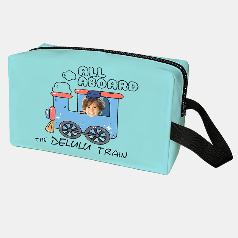 Personalized Cartoon Train Conductor Custom Kids Name and Face Toiletry Bag Design for Kids Travel Gifts and Daily Use