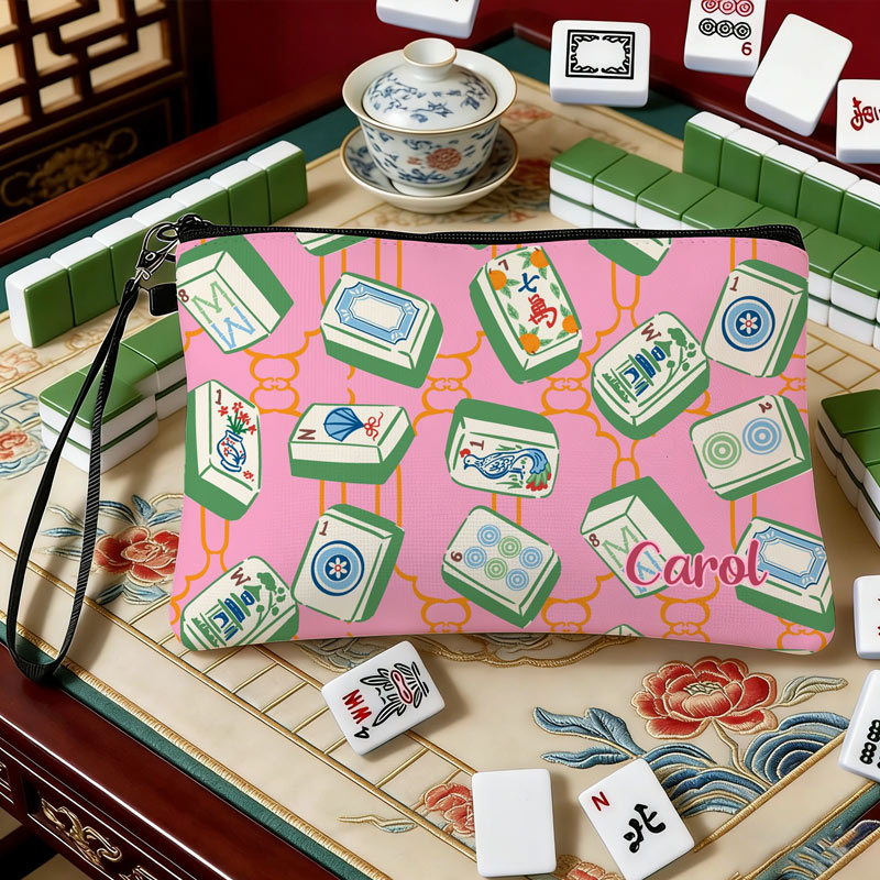 Personalized Mahjong Name Linen Handbag with Zipper and Wrist Strap Gift for Mahjong Lovers