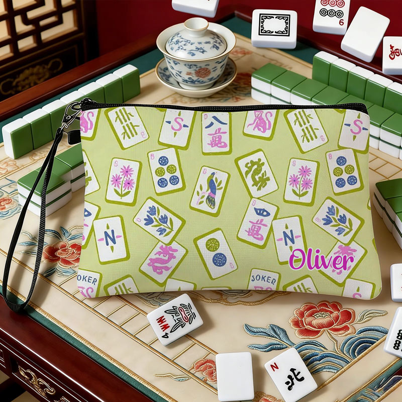 Personalized Mahjong Name Linen Handbag Purple Monkey Mahjong Pattern with Zipper and Wrist Strap Gift for Mahjong Lovers