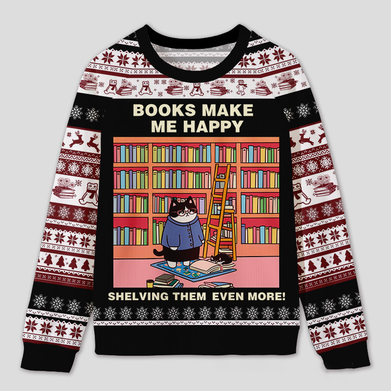 Personalized Hilarious Cat Rearranging Bookshelves Ugly Sweater Holiday Gift for Cat-Loving Book Loves