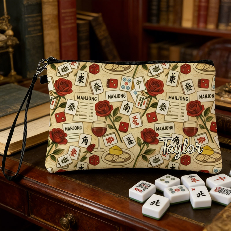 Personalized Mahjong Name Linen Handbag Vintage Rose Wine Glass with Zipper and Wrist Strap Gift for Mahjong Lovers