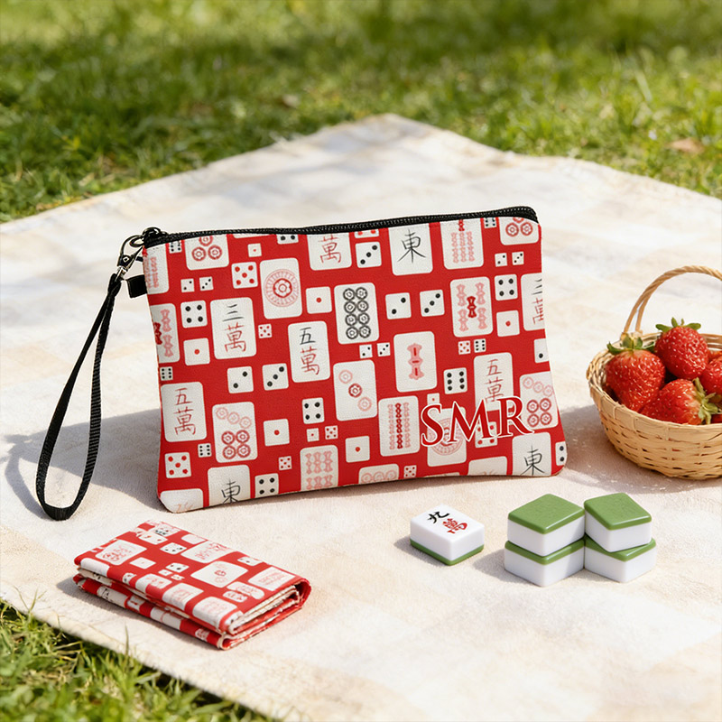 Personalized Mahjong Name Linen Handbag Red Mahjong and Dice with Zipper and Wrist Strap Gift for Mahjong Lovers