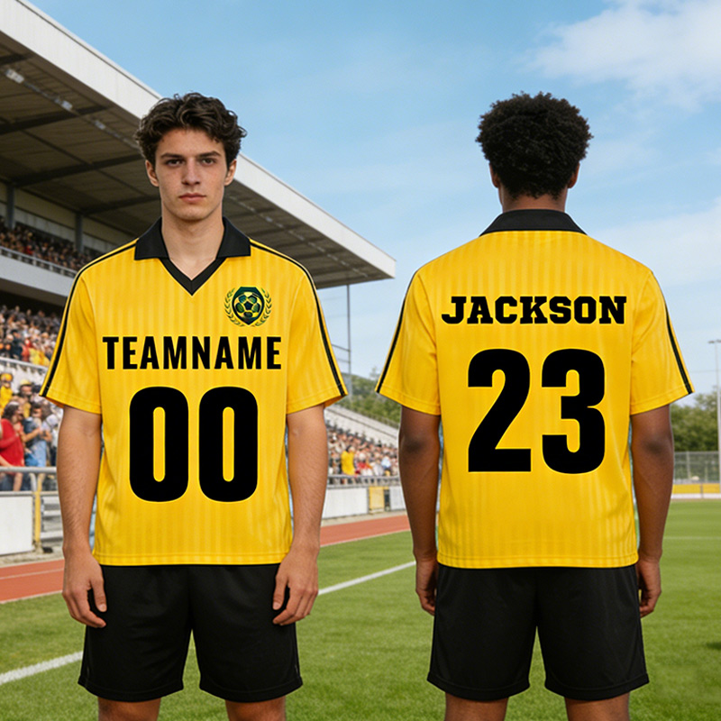 Personalized Made Lapel Soccer Jersey with Yellow Stripes Featuring Custom Team Name Logo Player Name and Number Gift for Soccer Fans