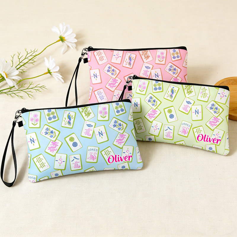 Personalized Mahjong Name Linen Handbag Purple Monkey Mahjong Pattern with Zipper and Wrist Strap Gift for Mahjong Lovers