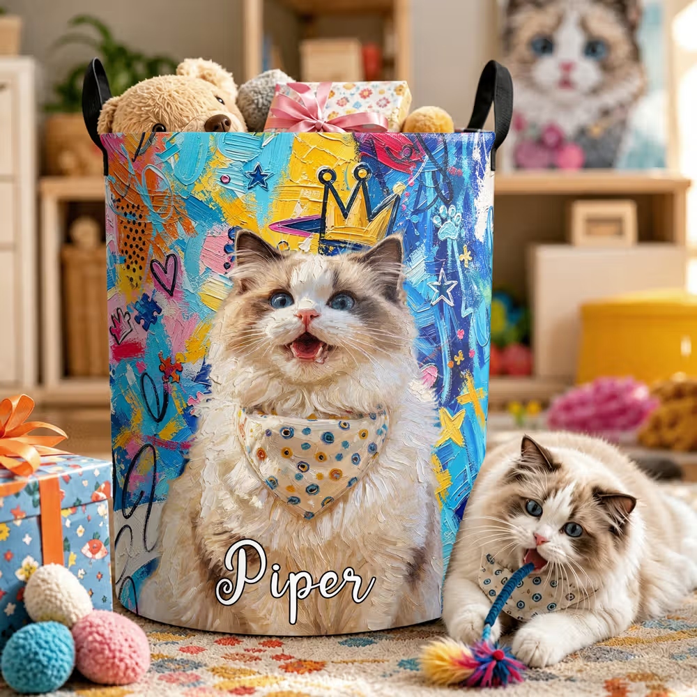 Personalized Pet Portrait Collapsible Laundry Hamper, Large Capacity Custom Name Storage Basket Birthday and Housewarming Gift for Pet Lovers