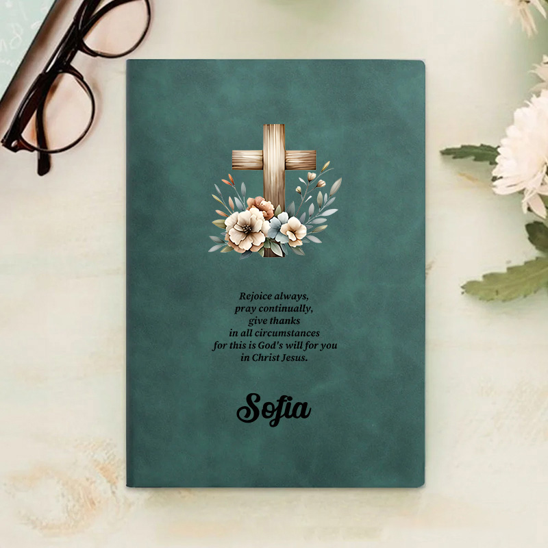 Personalized Floral Cross Bible Verse Prayer Journal Leather A5 Notebook with Name Church Study Birthday Gift Religious Christmas Gift for Christians