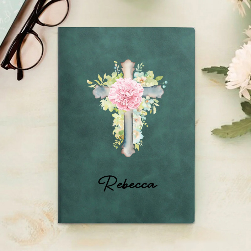 Personalized Watercolor Cross 1-5 Birth Flowers Prayer Journal Leather A5 Notebook with Name for Bible Study Birthday Gift Religious Gift for Women
