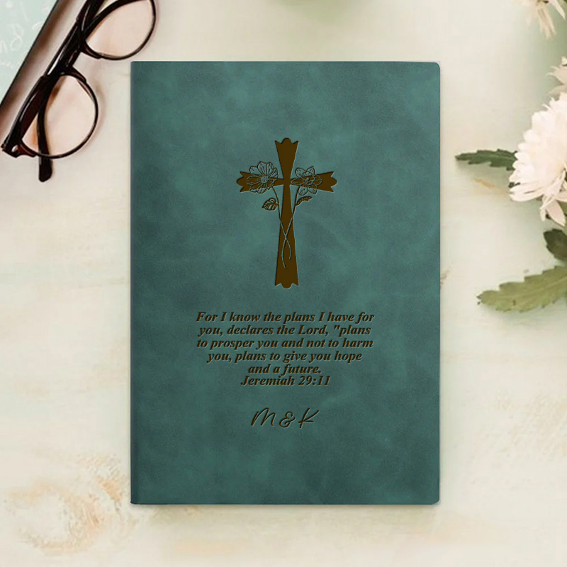 Personalized Engraved Cross Birth Flower Bible Verse Leather A5 Notebook with Name for Church Bible Study Christmas Easter Gift for Christian Prayer