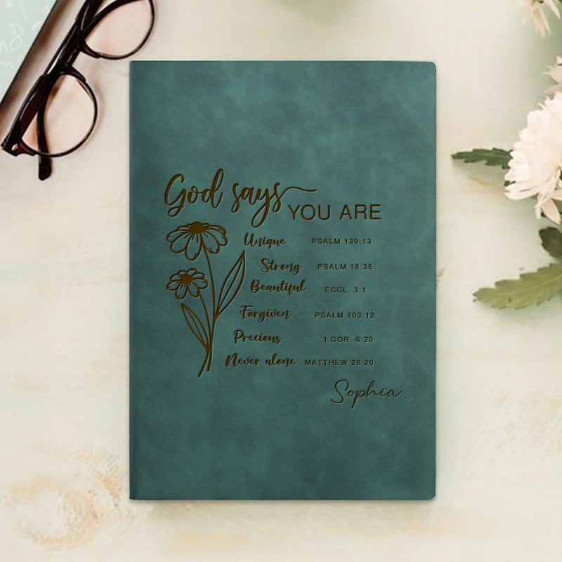 Personalized God Says You are Bible Verse Journal Leather A5 Notebook with Name for Women Flower Christian Gift Religious Gift Affirmations Gift