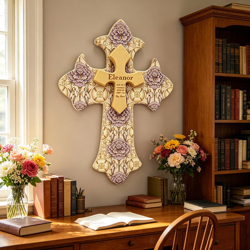 Personalized Wooden Wall Cross Classical Religious Style Hanging Birth Flower Baseball Cross Home Decor A Gift for Mom