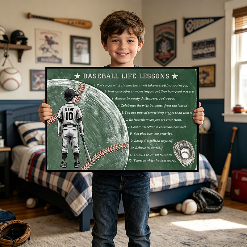Personalized Baseball Life Lessons Wall Hangings Custom Name Number Chalkboard Style Motivational Wall Art for Baseball Fans