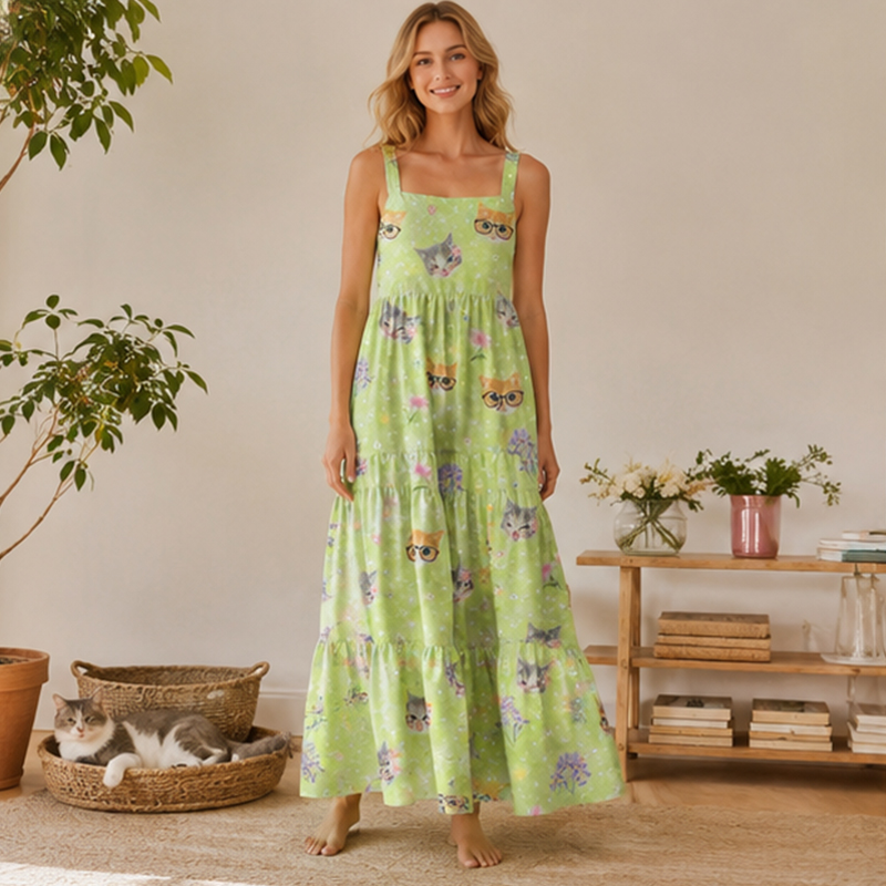 Personalized Pet Photo Birth Floral Maxi Dress Custom Tiered Ruffle Unique Gift for Cat Mom Dog Owner