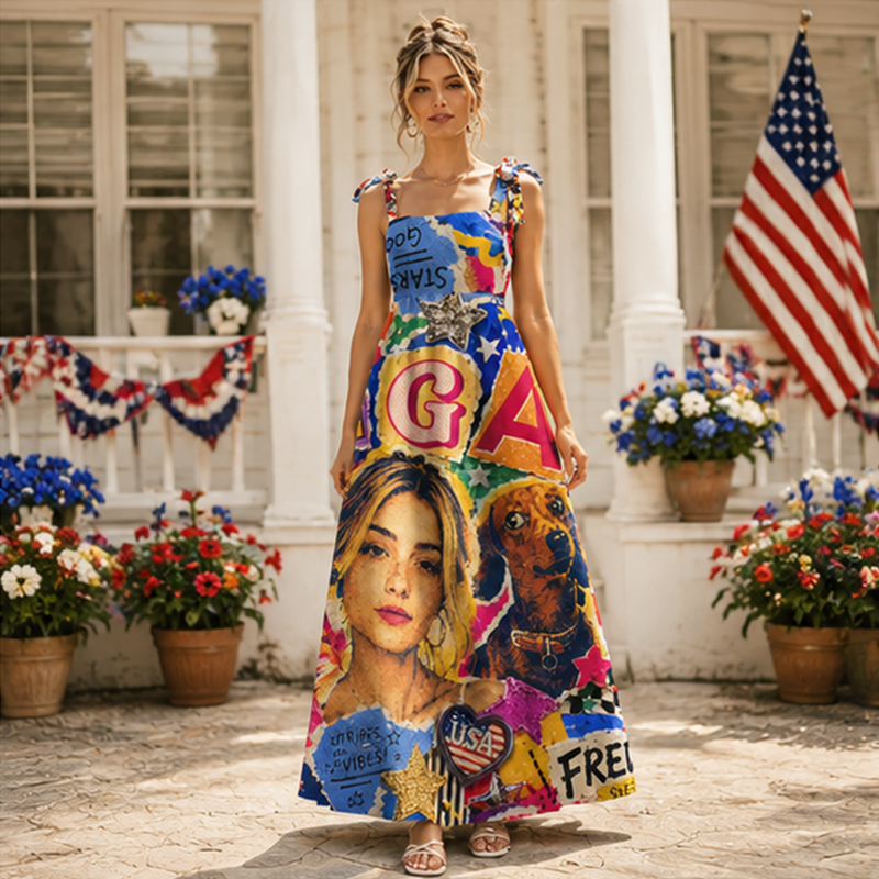 Personalized USA Independence Day Maxi Dress Colorful Graffiti Collage with Custom Photo and Name for USA 250th Anniversary