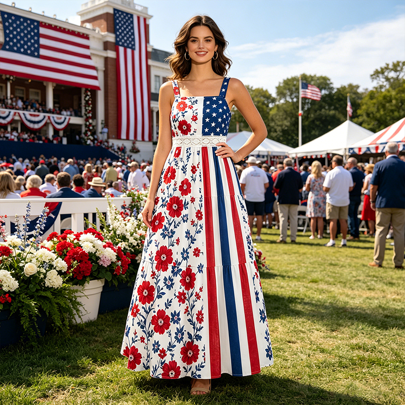 4th of July Patriotic Maxi Dress American Star Stripes Red Floral Print Independence Day for Her