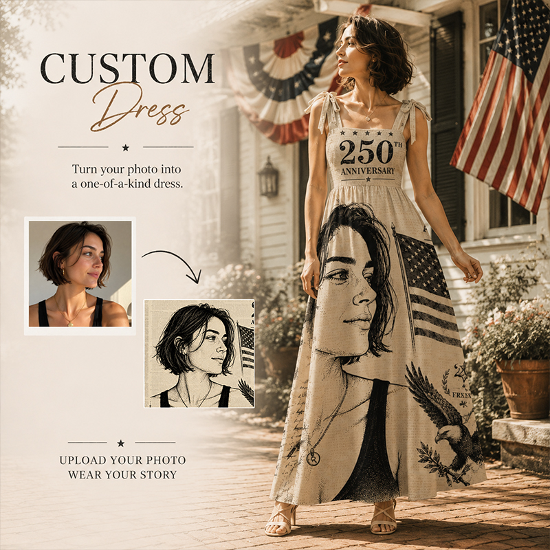 Personalized American 250th Anniversary Maxi Dress Retro Style Spaghetti Strap Custom Photo for Independence Day