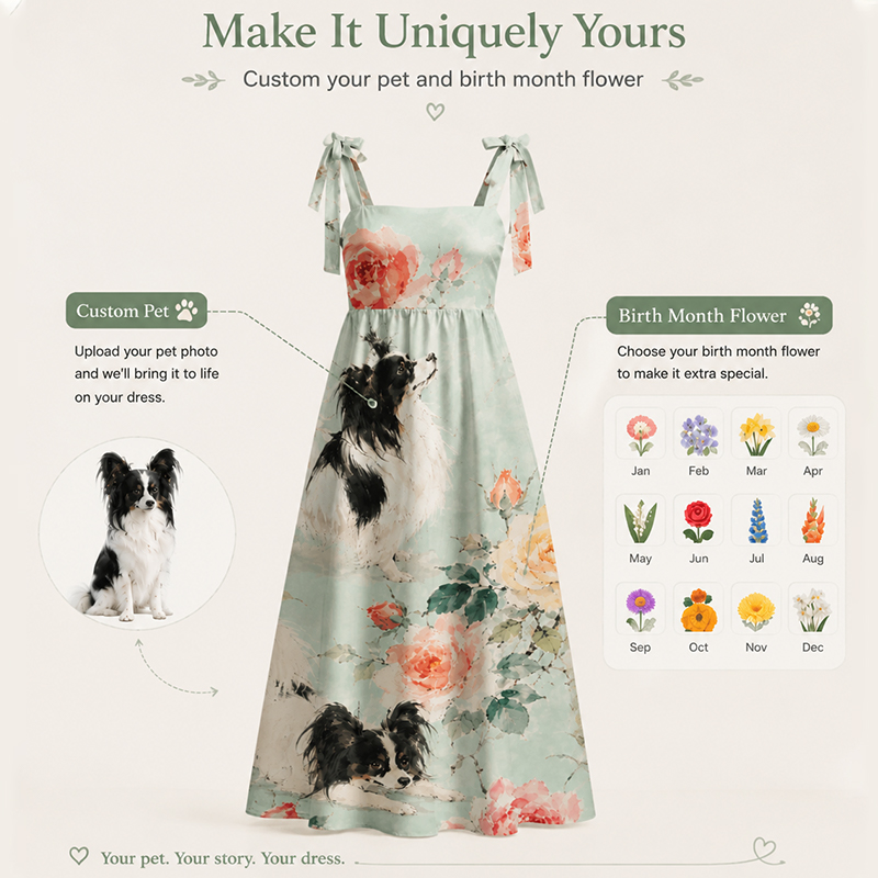 Personalized Floral Maxi Dress Watercolor Print with Custom Birth Flower and Pet Gift for Flowers and Pet Lovers