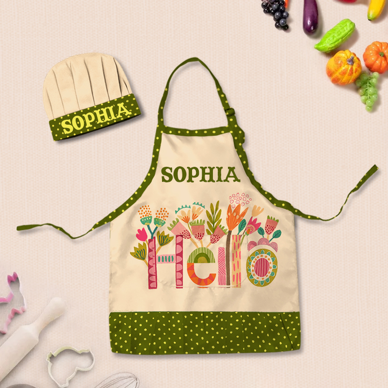 Personalized Floral Pattern Adjustable Kid Apron Chef Hat Set with Pocket and Name for Cooking Baking Birthday Holiday Gift for Kids