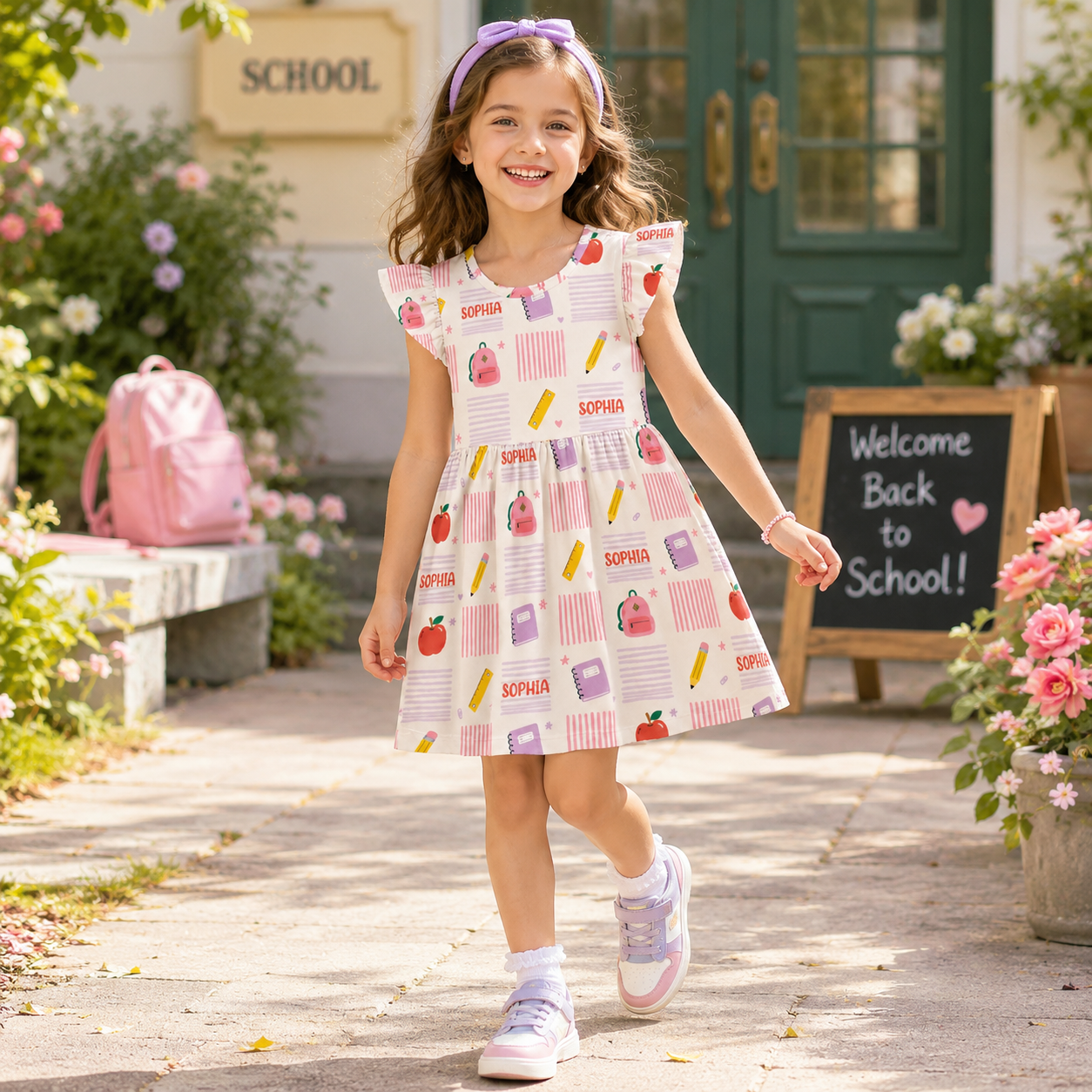 Personalized Cute Back To School Icons Pencils Crayons Glue Backpack Apples Books Pastel Classroom Print Coquette Ruffle Dress