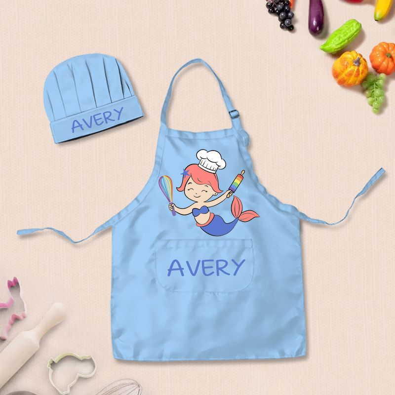 Personalized Mermaid Adjustable Kid Apron Chef Hat Set with Pocket and Name for Cooking Baking Birthday Holiday Gift for Kids
